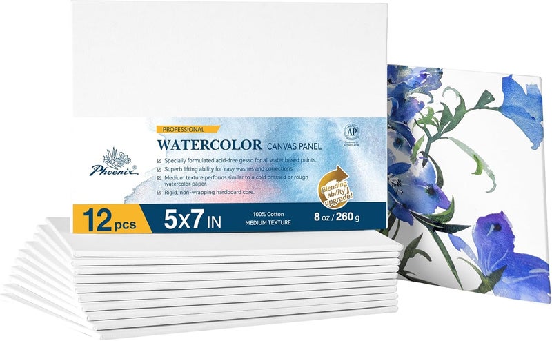 Phoenix Watercolor Canvas Boards for Painting - 5x7 Inch/6 Pack, 100% Cotton Water Color Small Canvas Panels, 8 Oz. / 260g White Blank Medium Texture Flat Canvases for Water Based Paints - Image 1